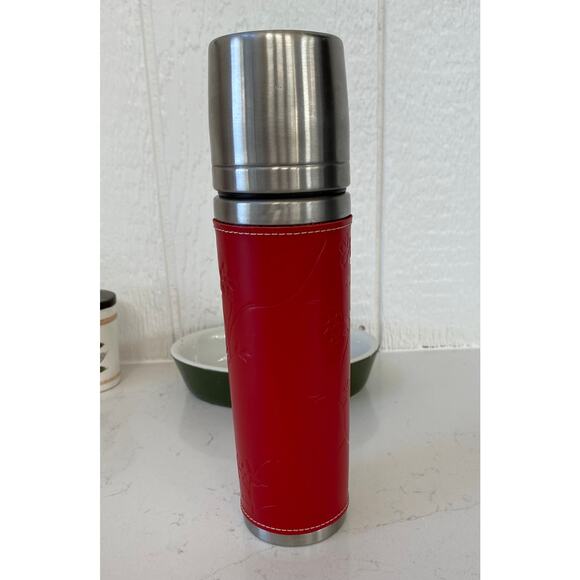 2004 Starbucks 12 Oz. Thermos Stainless Steel Tooled Red Leather Pop-Up Top - Picture 2 of 7